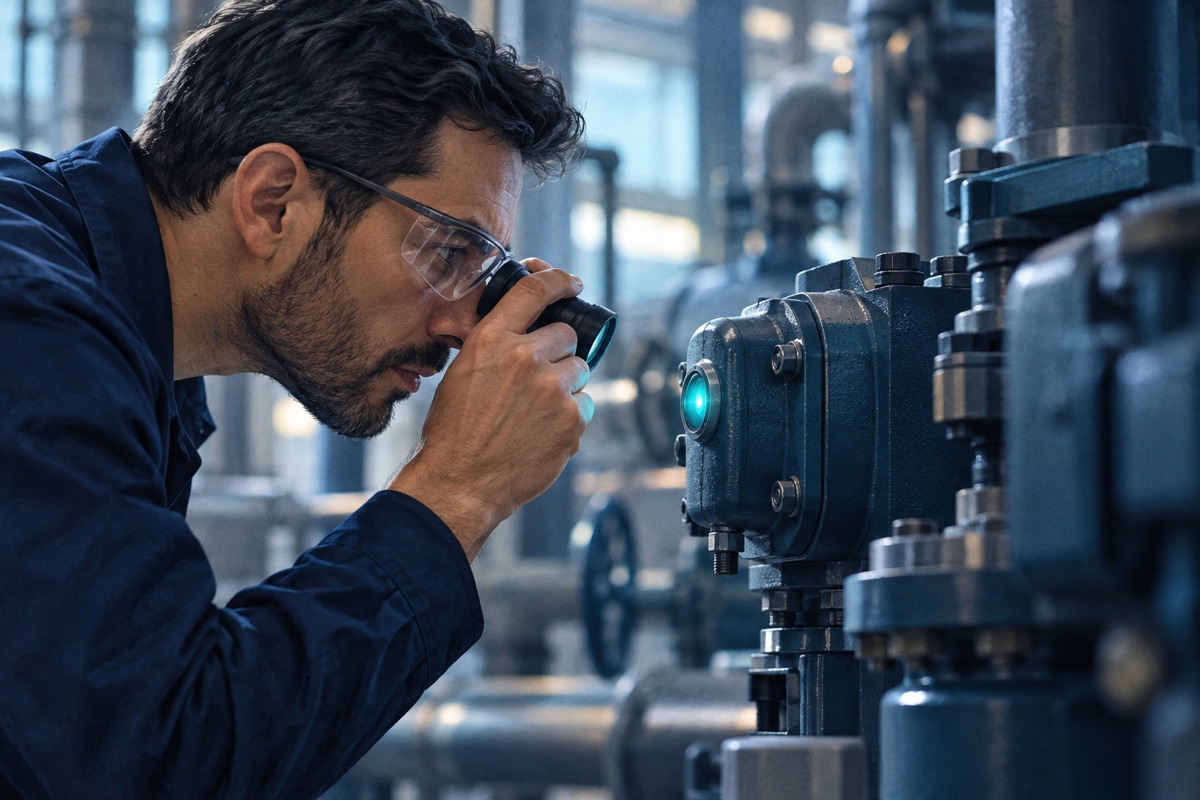 An engineer inspects a clear indicator on industrial equipment.